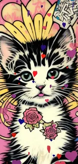 Colorful graffiti cat street art mobile wallpaper with vibrant pink and yellow hues.