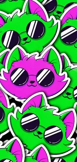 Vibrant wallpaper featuring neon cats with sunglasses.