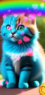 A colorful blue cat with green eyes sits under a vibrant rainbow.