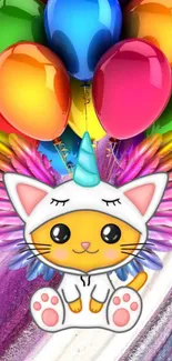 Whimsical cat unicorn with rainbow wings and colorful balloons as mobile wallpaper.