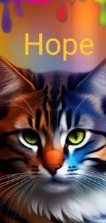 Colorful cat with 'Hope' text, artistic design.