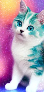 Vibrant cat with blue eyes on colorful background.