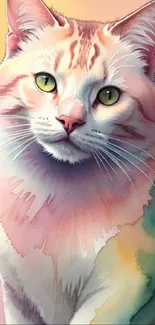 Colorful watercolor cat painting with pastel hues for mobile wallpaper.