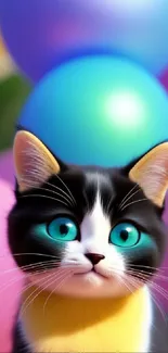 Cute cartoon cat with big blue eyes and colorful balloons.