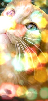 A cat with colorful bokeh lights mobile wallpaper.