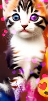 Cute cat with colorful eyes and emoji accents wallpaper.