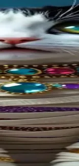 Colorful cat with adorned jewels in a vibrant art style.