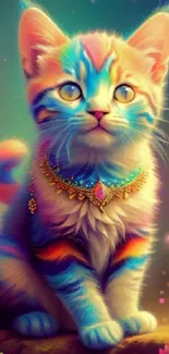 A colorful cat adorned with a jeweled necklace, surrounded by a vibrant fantasy backdrop.