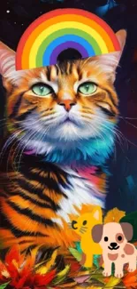 Colorful cat with rainbow and animal graphics in mobile wallpaper.