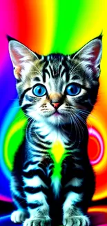 A cute kitten with blue eyes and a vibrant rainbow background.