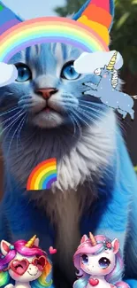 Blue cat with rainbows and unicorns in a whimsical setting.