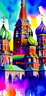 Vibrant watercolor of a colorful cathedral on a phone wallpaper.