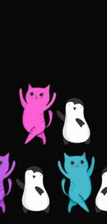 Colorful cats and penguins on a black wallpaper.