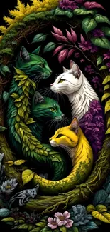 Illustration of colorful cats with floral elements on a dark background.