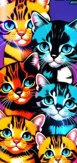 Colorful and vibrant cat illustration with neon hues and a gradient background.