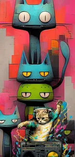 Vibrant wallpaper with cartoon cats and a DJ cat wearing headphones.