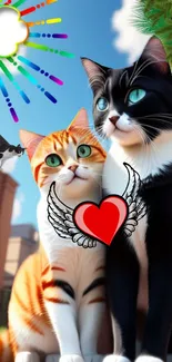 Adorable cats with heart and wings under a sunny sky.