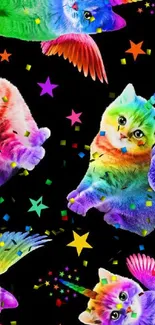 Vibrant wallpaper with rainbow cats and stars on black.