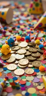 Festive mobile wallpaper with confetti, coins, and toys.