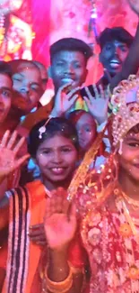 Joyful group celebrating in traditional attire, vibrant and colorful.