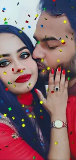 Vibrant couple portrait with colorful confetti background.