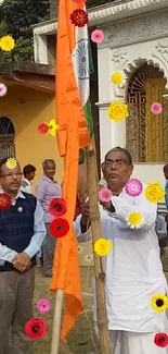 Indian flag ceremony with vibrant flowers.