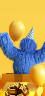 Blue character celebrating with balloons and gifts on a yellow background.