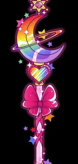 Colorful celestial wand with rainbow hues and stars on a black background.