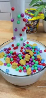 A vibrant mix of colorful cereal balls and milk in a bowl.