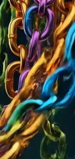 Colorful chains form a vibrant abstract art on a blue background.