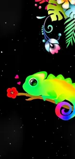 A colorful chameleon on a black background with vibrant floral design.