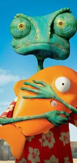 A chameleon in a tropical shirt hugging an orange fish under a blue sky.