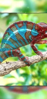 Vibrant red and blue chameleon on a branch with lush green background.