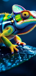 Colorful chameleon perched on a leaf with vibrant patterns.