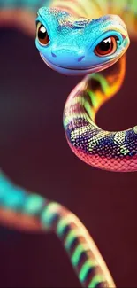 Vibrant chameleon with colorful patterns on dark background.