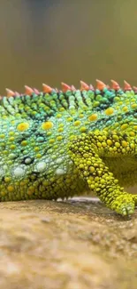 Colorful chameleon with green and yellow textured scales on natural backdrop.