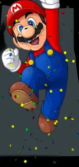 Gaming character surrounded by colorful confetti on dark background.