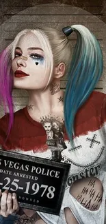 Colorful art of a character in a mugshot style for mobile wallpaper.