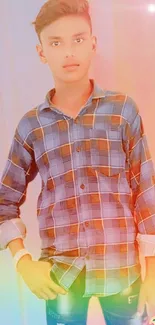 Young man in a colorful checkered shirt with a vibrant dreamy background.