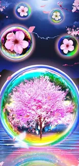 Vivid cherry blossom scene with colorful spheres and reflections.