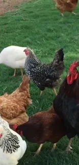 Chickens on green grass in a vibrant farm setting.