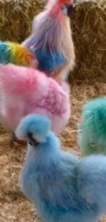 Colorful chickens with vibrant feathers on hay.