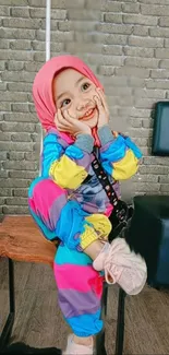 Child in colorful attire sitting in a cozy space with a joyful expression.