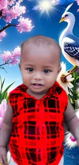 Child in red shirt with colorful bird and flowers.