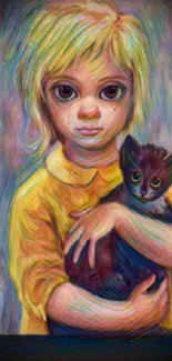 Colorful digital art of child holding a kitten.