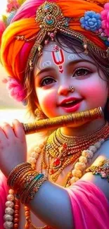 Child deity playing flute with vibrant colors and flowers.