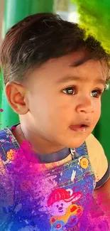 Child covered in colorful powder on a vintage boat.