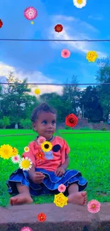 Child sitting in nature with colorful flowers and greenery.