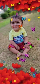 Child sitting on grass with colorful butterflies and red hearts.