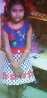 Colorful portrait of a young girl standing in a room.